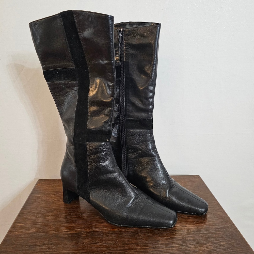 Vintage Black Leather Suede Panel Knee High Boots Square Toe Block Heel 7.5W